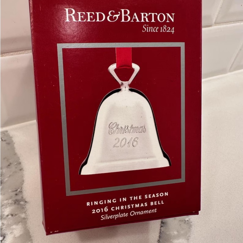Reed & Barton Silver Christmas Bell Ornament with Red Accent 2016